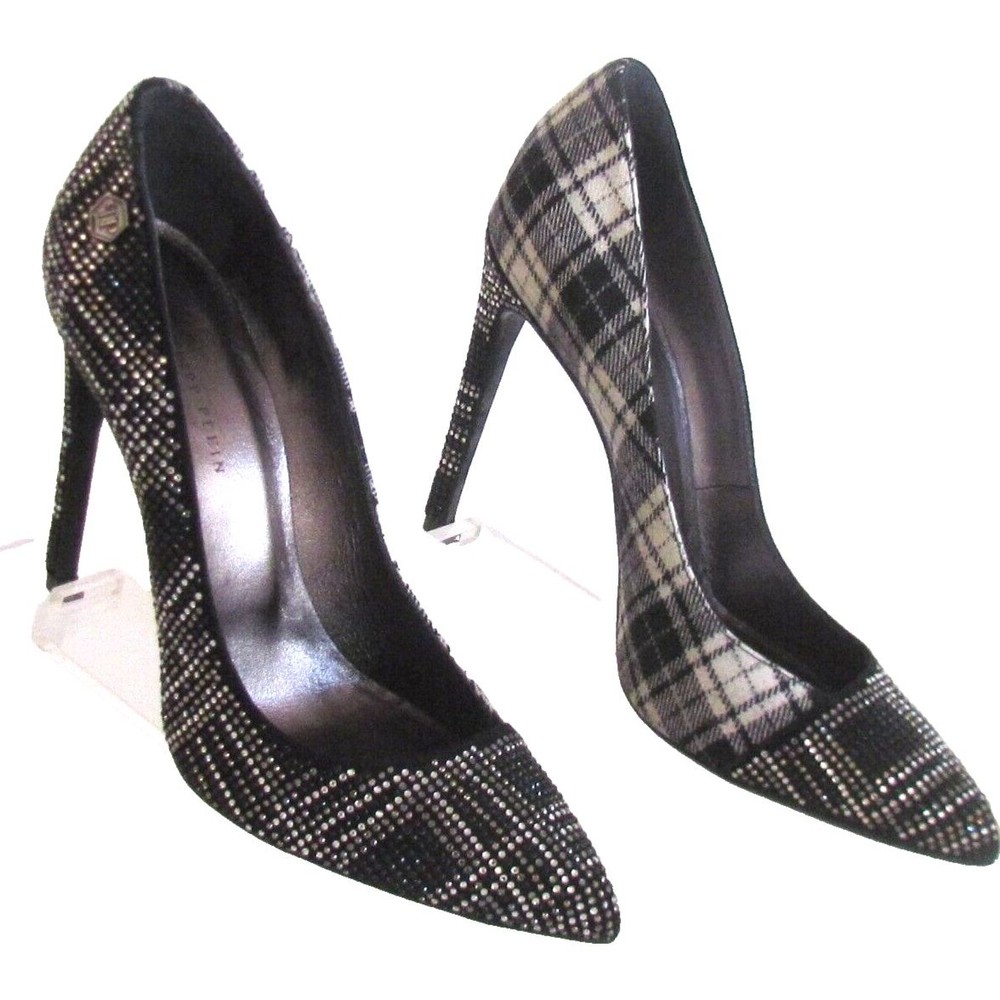 Designer Philipp Plein Black/White Scottish Plaid Crystals High Heel Pumps 8.5 M